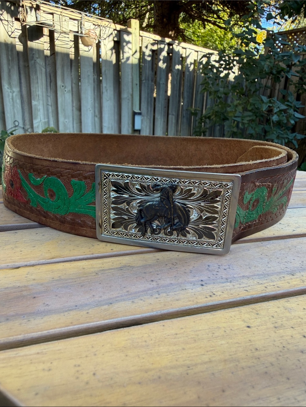 Vintage Hand Tooled Floral Leather Western Belt Bronc Rodeo Buckle 44 In